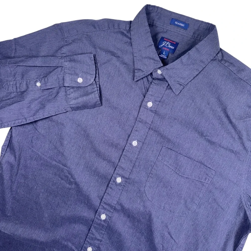 J.Crew Button Down Mens L Navy Blue Performance‎ Stretch Classic Fit Long Slv